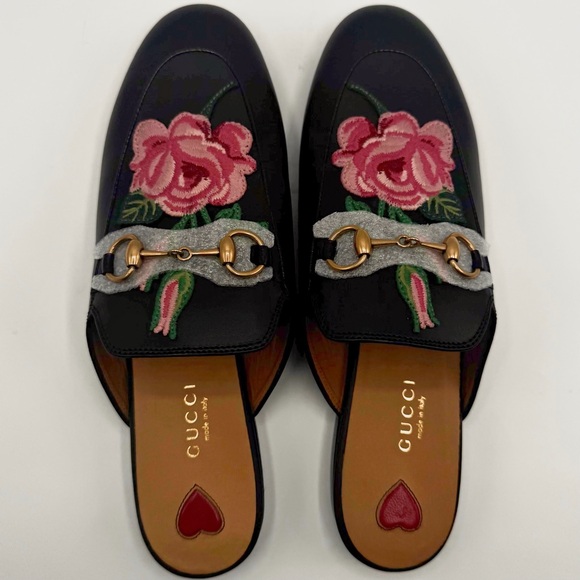 Gucci Shoes - NEW Gucci Leather Floral Rose Embroidered Princetown Horsebit Mule Loafer Slides